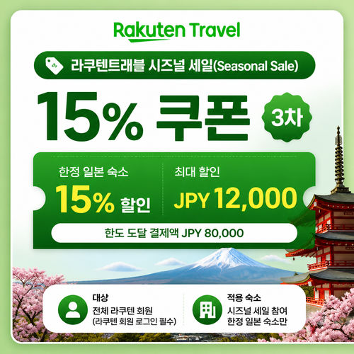 라쿠텐트래블 시즈널 세일 15% 쿠폰 쿠폰